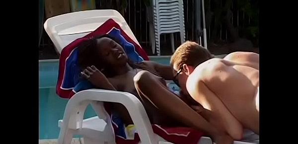  Young ebony Kafe with small tits gets some white cock banging by the pool